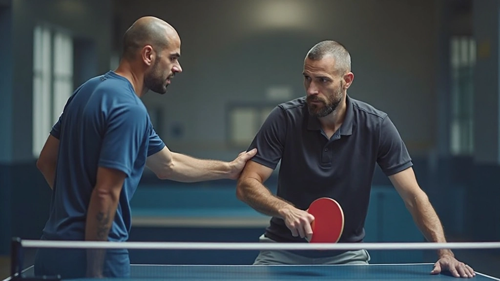 Advanced training session where the coach guides a table tennis player on correct techniques