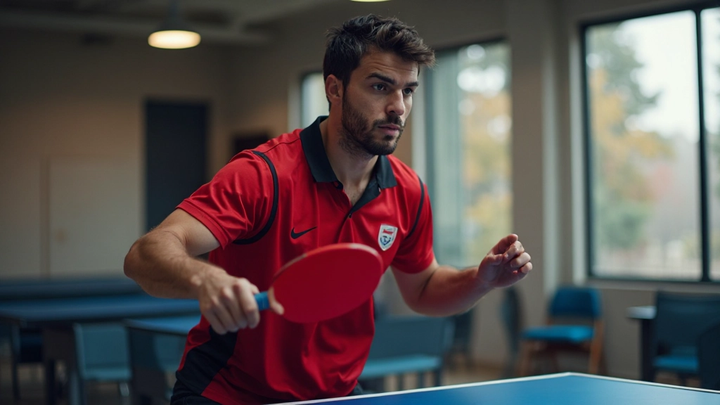 Table tennis player in a ready stance, prepared to respond to fast balls