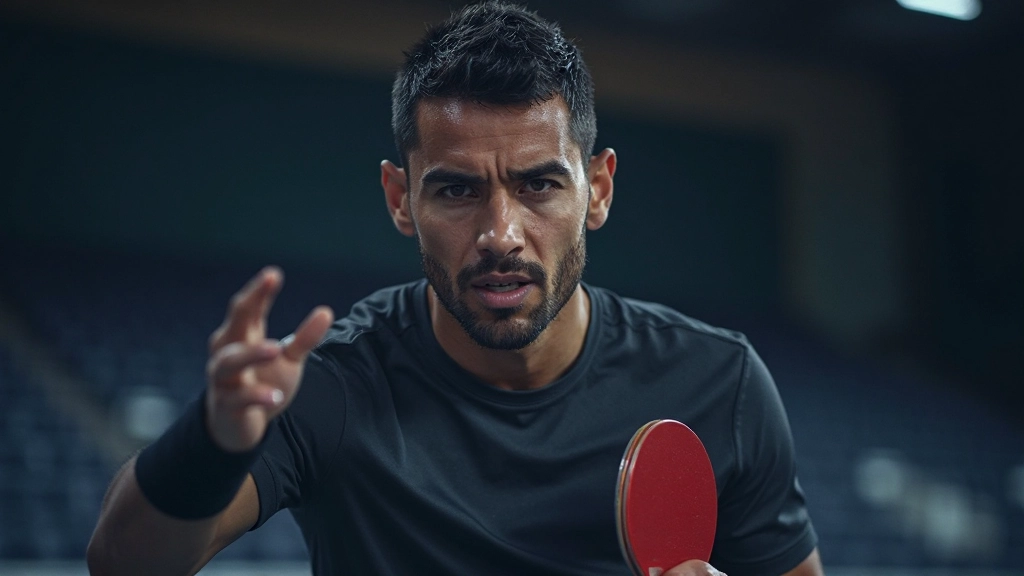 Professional table tennis player deeply focused during an official match