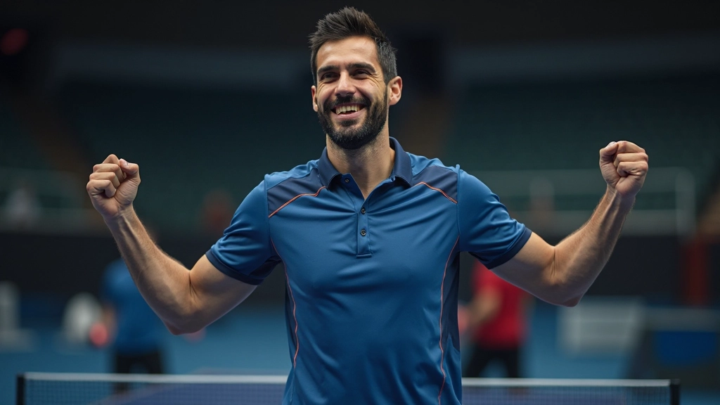 Professional table tennis player achieving victory after applying focus techniques