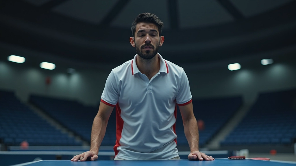 Table tennis player in a deep breathing position before serving