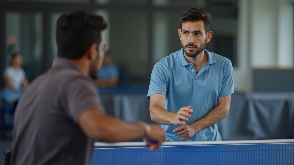 Specialist coach demonstrating modern training techniques in a table tennis center